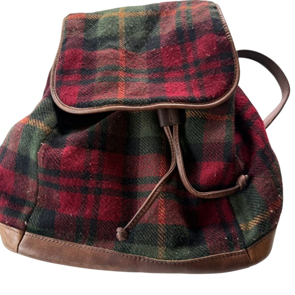 Vintage L.L.Bean Women's Wool Plaid Backpack Purse Drawstring Leather Trim